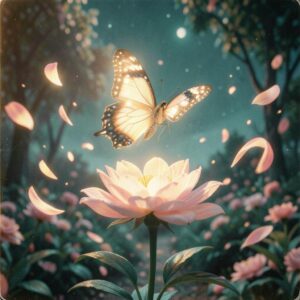 Butterfly hovers over a glowing pink lotus flower with falling petals in a magical garden.