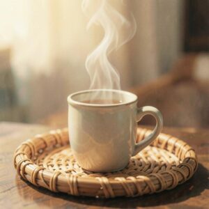 Steaming mug of coffee on a woven coaster, evoking a relaxing vibe.