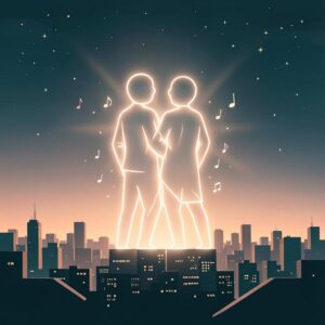 Neon figures of a couple dancing above a city skyline at night, with stars and music notes