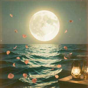 Full moon over ocean with floating rose petals and lanterns