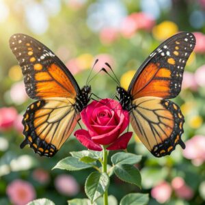 Two monarch butterflies on a red rose, symbolizing love and connection