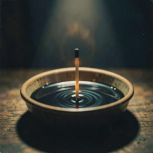 Lit matchstick creating ripples in dark liquid in a bowl, symbolizing calm in madness.
