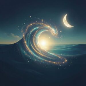 Cosmic wave under a crescent moon, guiding light, universe's embrace.