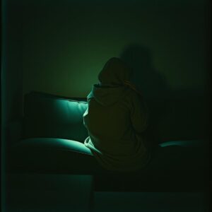 Person in hoodie on couch, bathed in green light, like an ember.