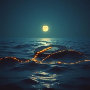 Vinyl record on ocean waves under moonlight, glowing orange cord connecting to music waves.
