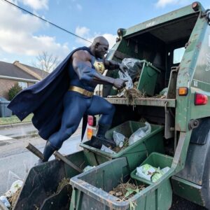 Black Adam superhero character in costume, loading trash into a garbage truck.