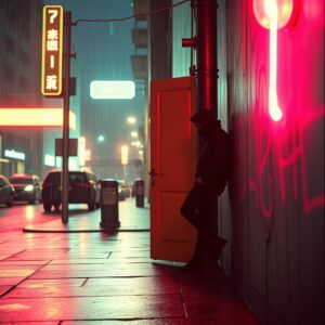 Man in hoodie leans against a neon-lit wall in a rainy city
