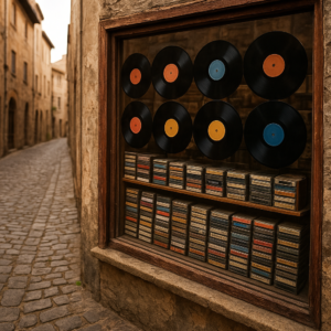 Vinyl records and cassette tapes displayed in a shop window on a cobblestone street.