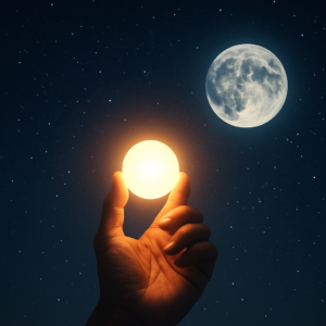 Hand holding a glowing orb against a starry night sky with the moon
