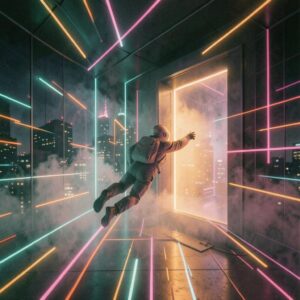 Astronaut floating through neon-lit corridor towards glowing city portal