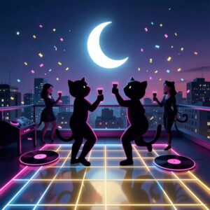 Cats and women dancing at a rooftop party with a crescent moon.