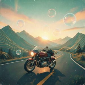 Red motorcycle on a winding road at sunset with bubbles floating