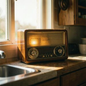 Vintage wooden radio on a kitchen counter near a window, bathed in sunlight.